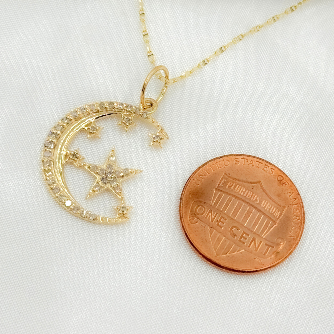 14K Solid Gold Diamond Charm with Moon and Stars. GDP606A