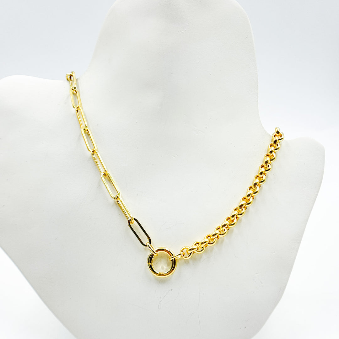 TRE007. 14K Solid Gold Hollow Paperclip and Rolo Fancy Necklace