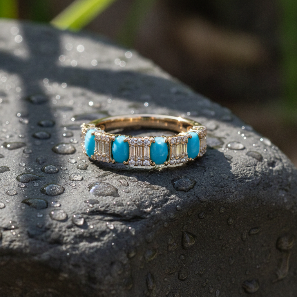 RAF01372TQ. 18K Solid Gold Diamond & Turquoise Ring