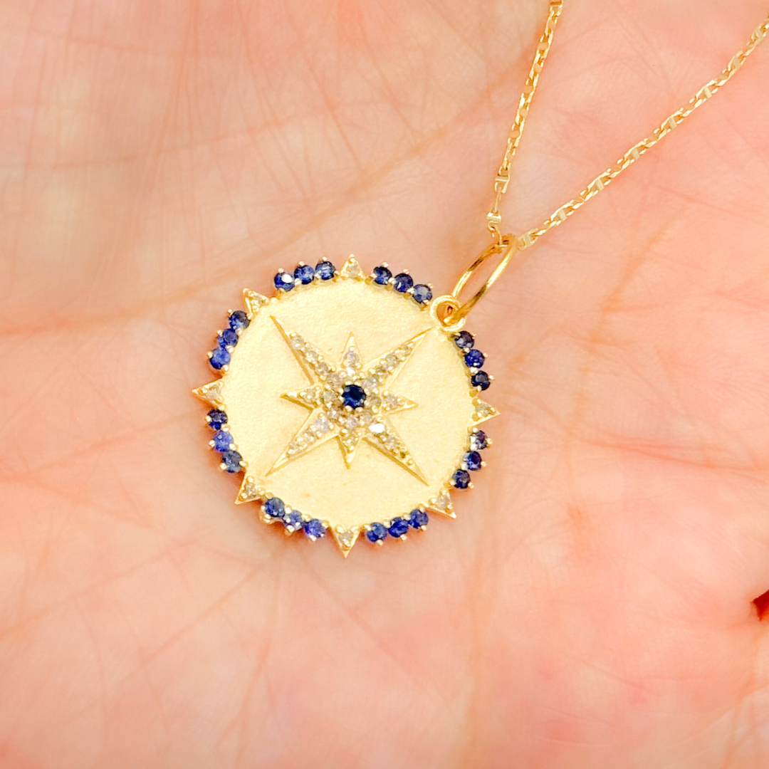 GDP558. 14K Solid Gold Diamond Circle Shape Charm with Star in the Center in Gemstones