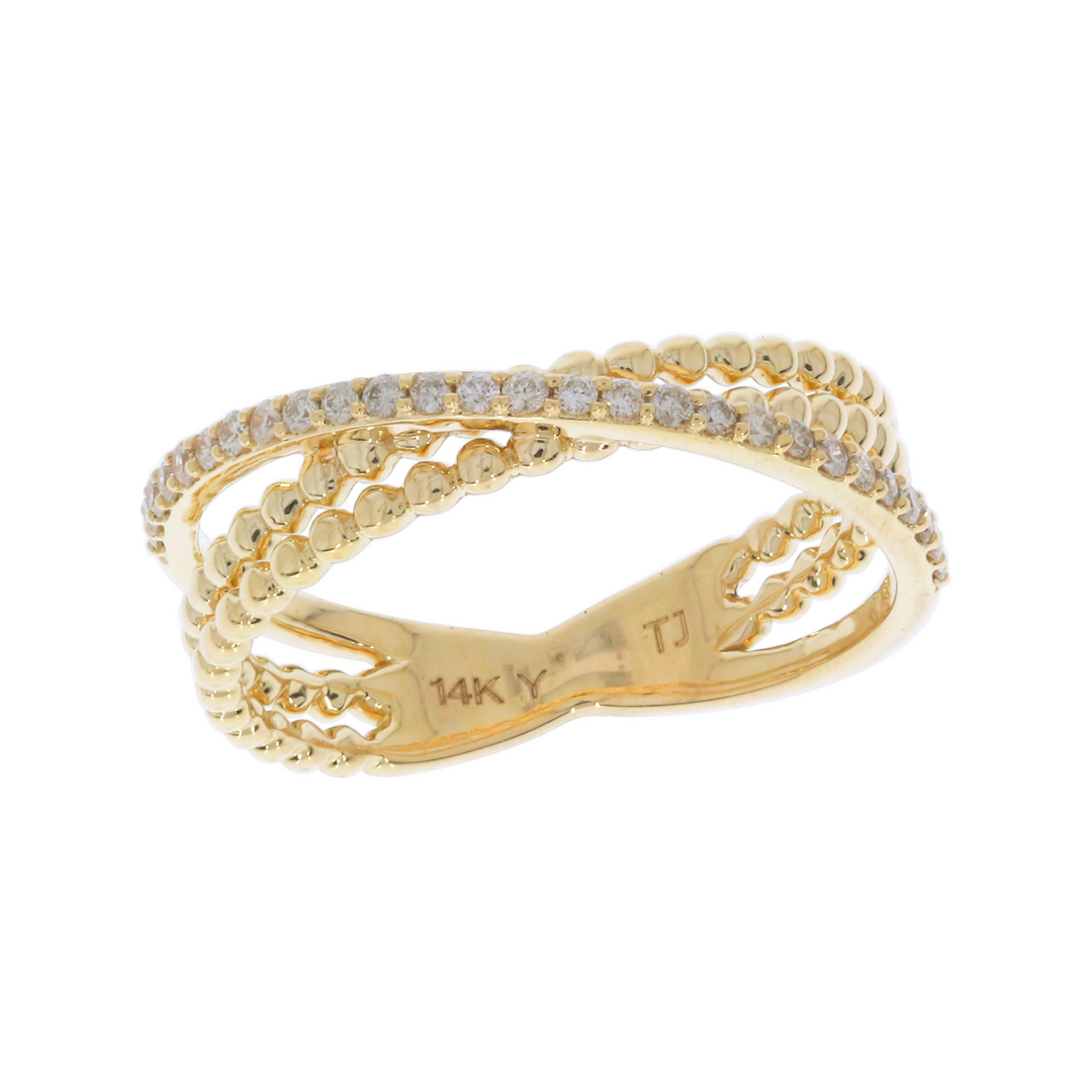 14K Solid Gold Diamond and Beaded Bands Ring. DRN01480