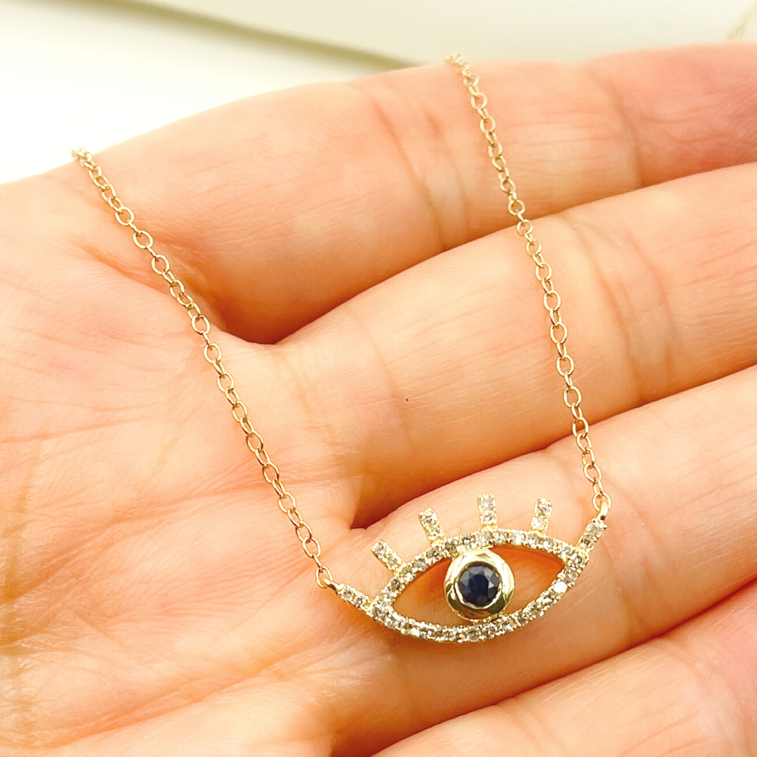 14k Solid Yellow Gold, Diamonds & Precious Stone Cable Link Evil Eye Necklace. NFC70804BS