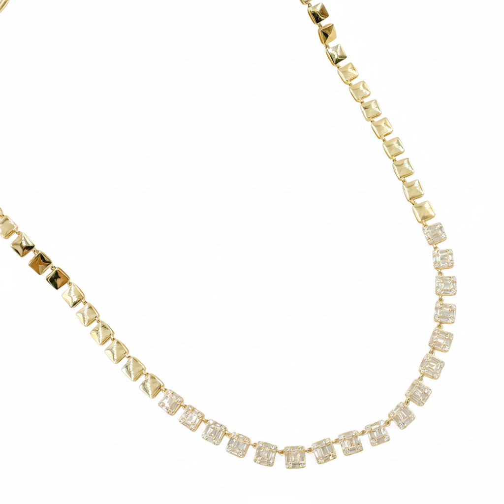 NFP71428. 14K Solid Gold Diamond Baguette Squares Necklace