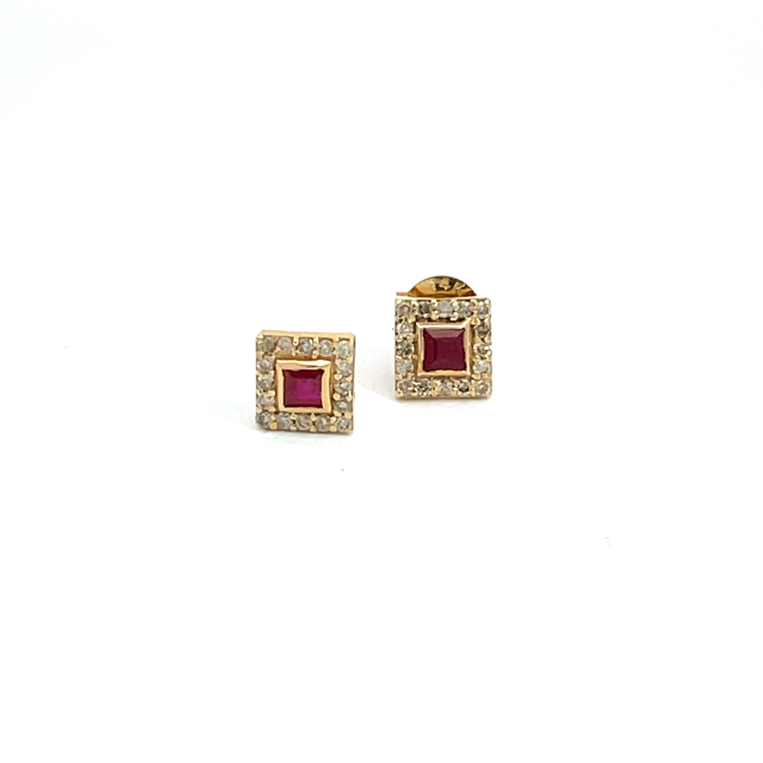 GDT14RU. 14K Solid Gold Diamonds and Ruby Square Earrings