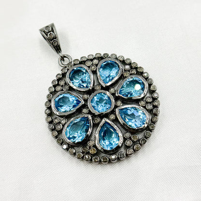 DSP13. Diamond Silver Gemstone Circle Flower Pendant