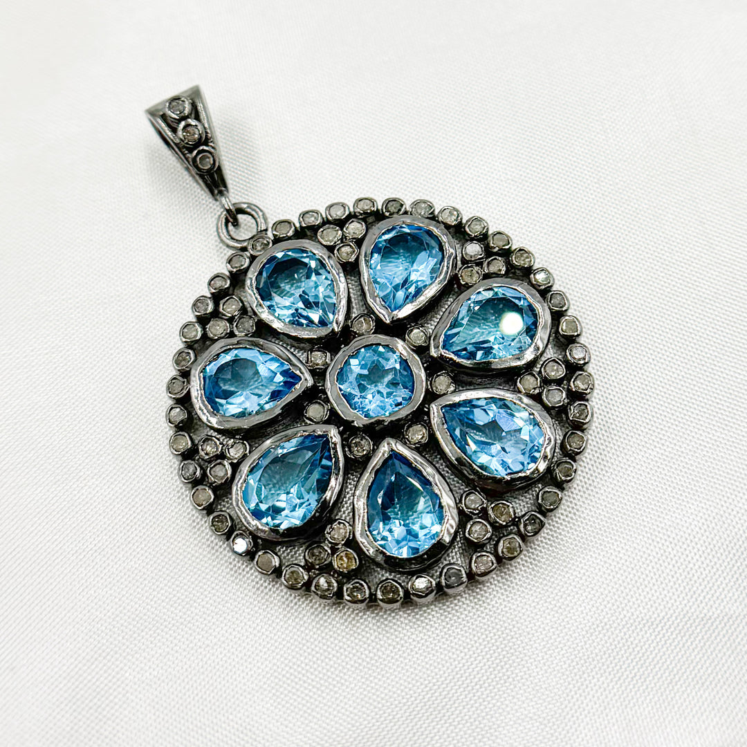 DSP13. Diamond Silver Gemstone Circle Flower Pendant