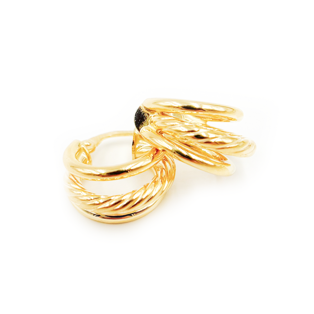 15850017973. 14K Solid Gold Smooth and Textured Triple Line Hollow Hoop Earrings