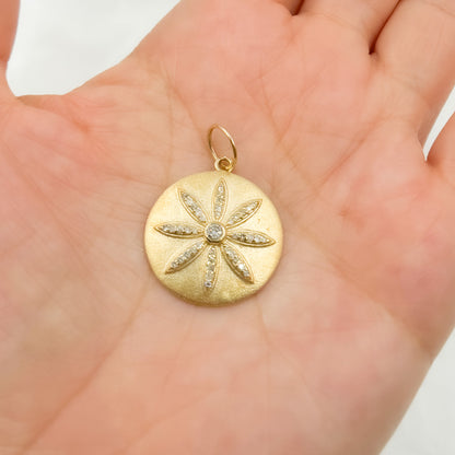 GDP249. 14K Solid Gold Diamond Circle and Flower Charm