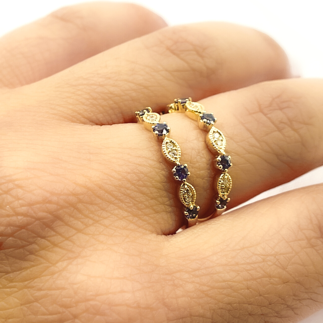 14K Solid Gold Diamond & Blue Sapphire Ring. RAE00536BS