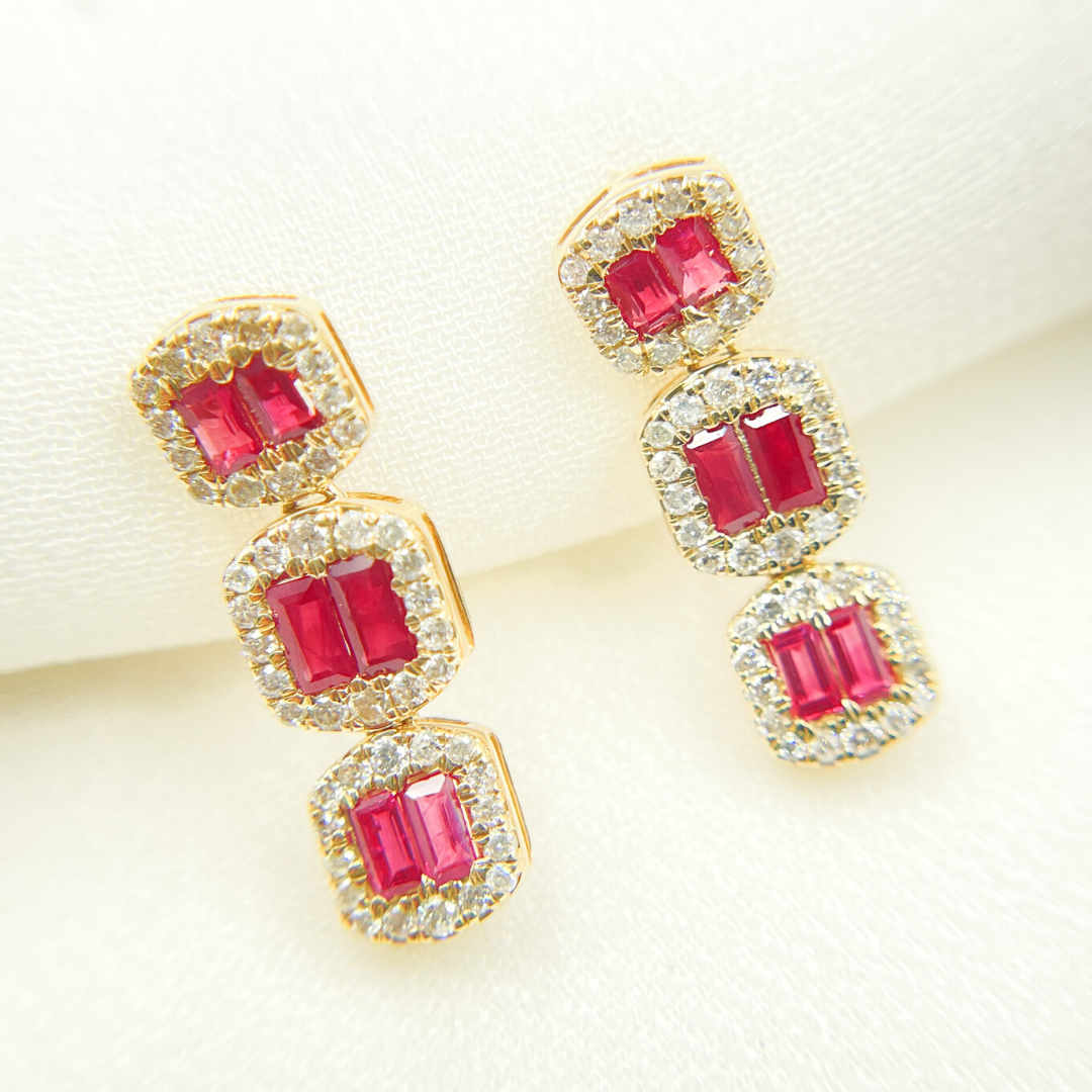 EFF52119RU. 14k Solid Gold Diamonds & Ruby Dangle Rectangles Earrings