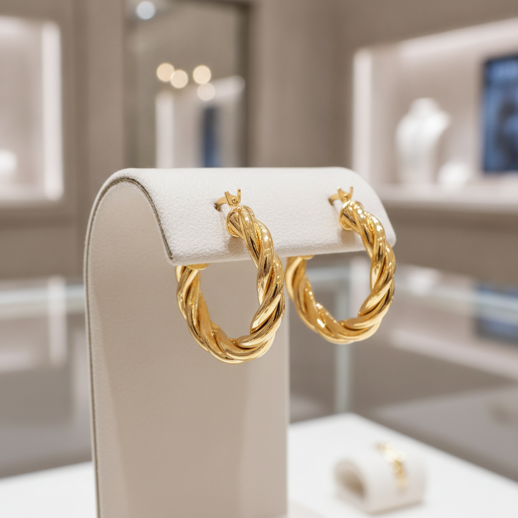 15850004969. 14K Solid Gold Fancy Twisted Hollow Hoop Earrings