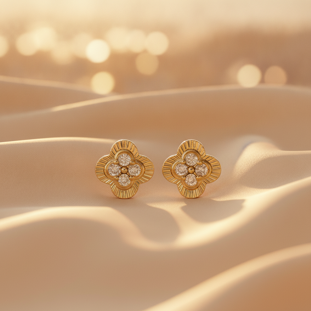 EFA53390. 14K Solid Gold Diamond Flower Stud Earrings