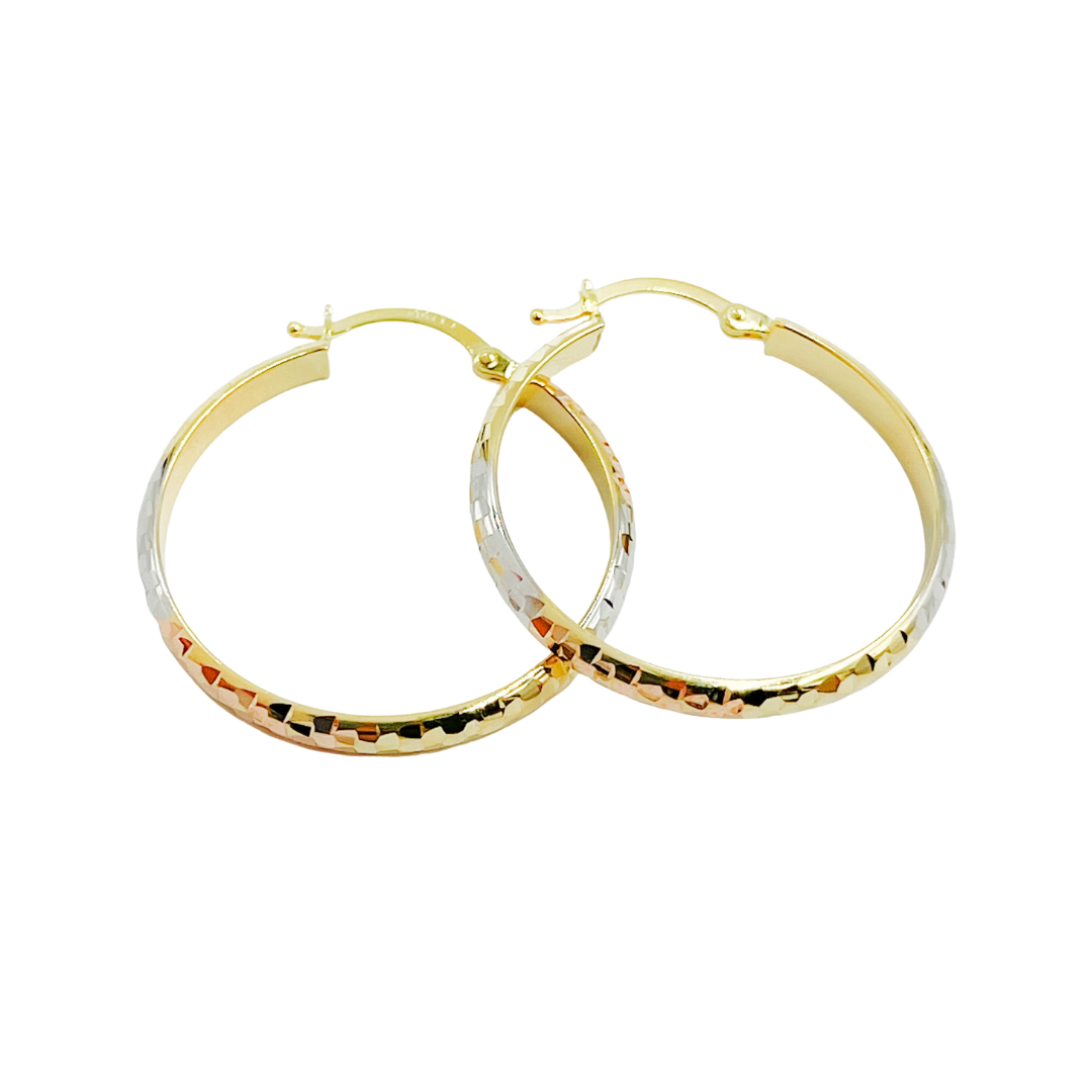 14K Gold Diamond Cut Tri-Tone Hoop Earrings. GER75