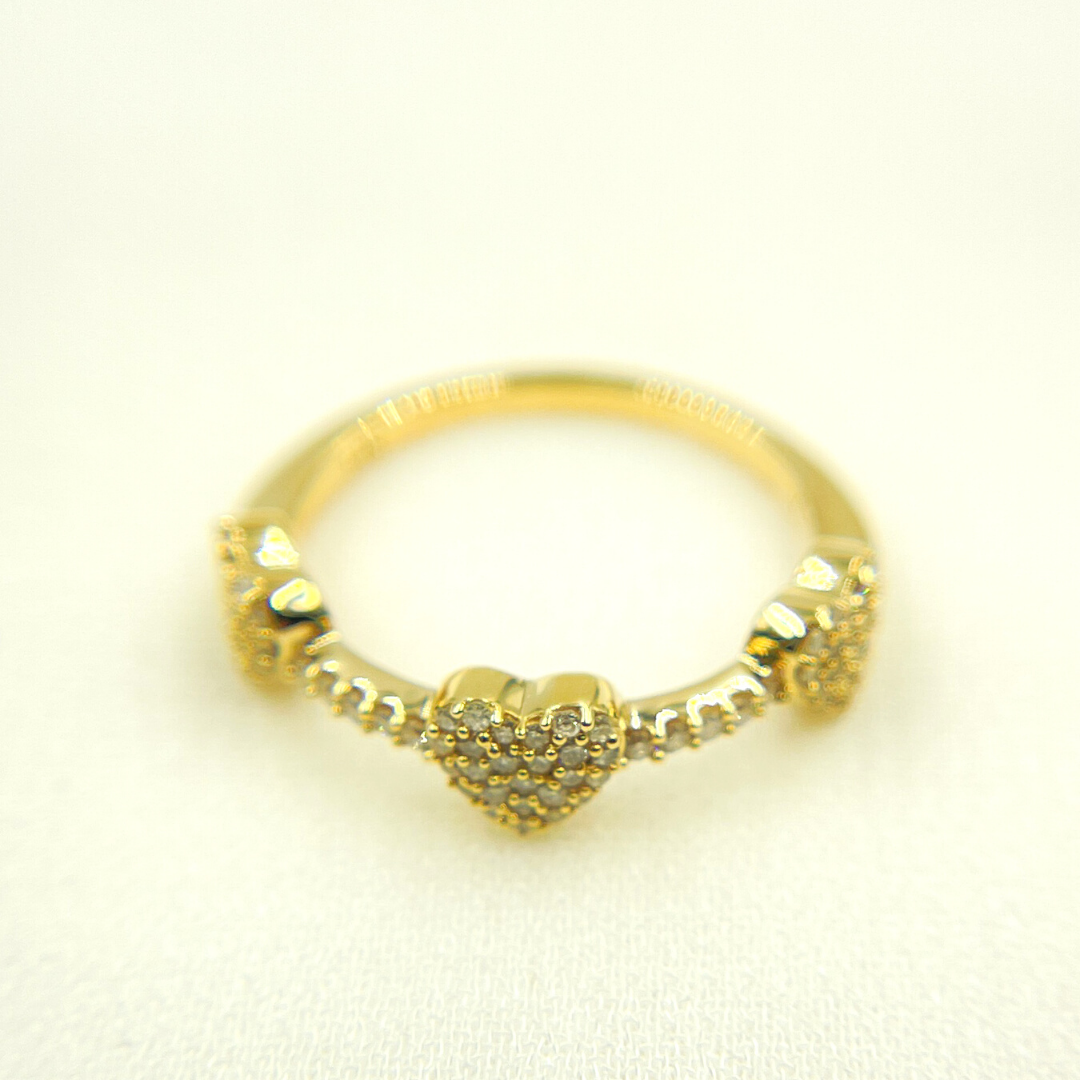 14K Solid Yellow Gold Diamond Hearts Band Ring. RAF01413