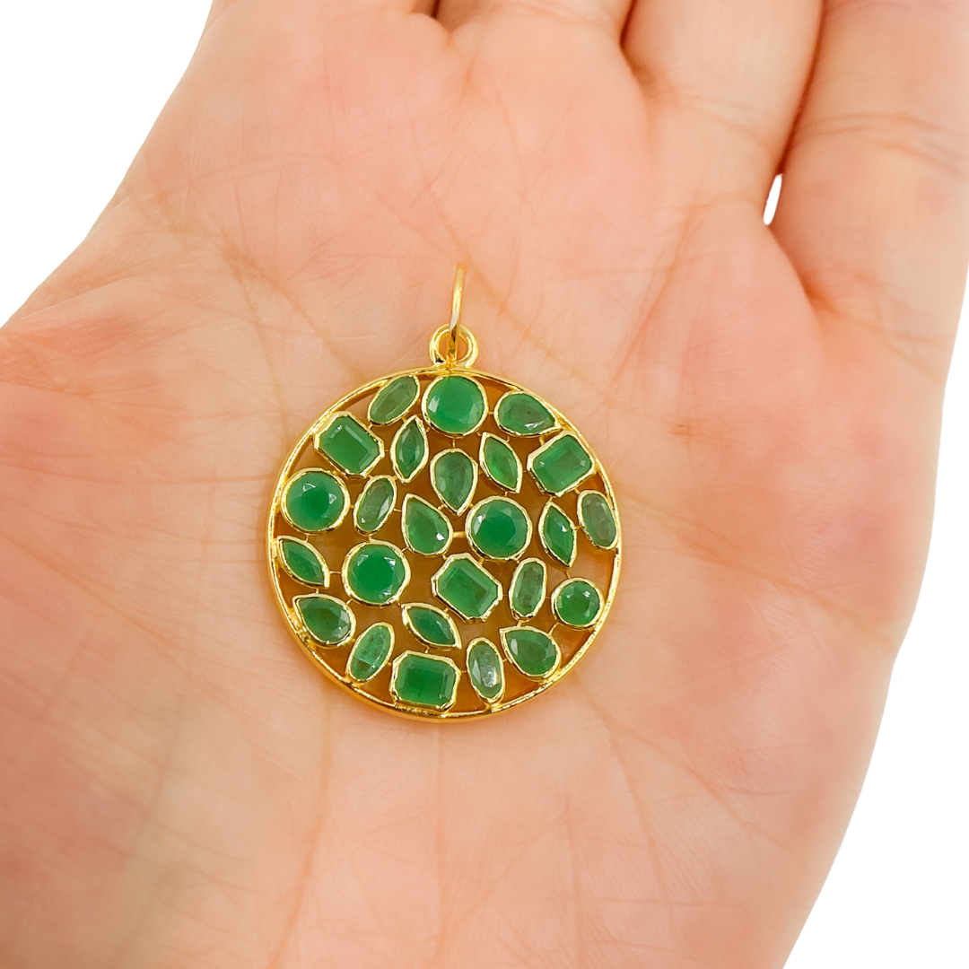 14K Solid Gold Circle Shape Emerald Charm. CGDP36