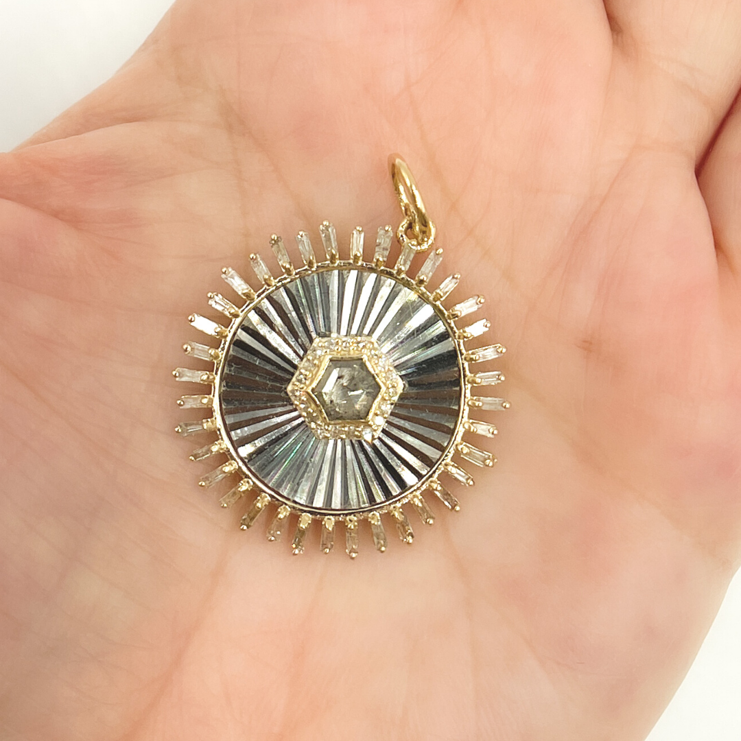 KSG38. Black Rhodium Sterling Silver with 14K Gold and Diamonds Circle Shape Charm