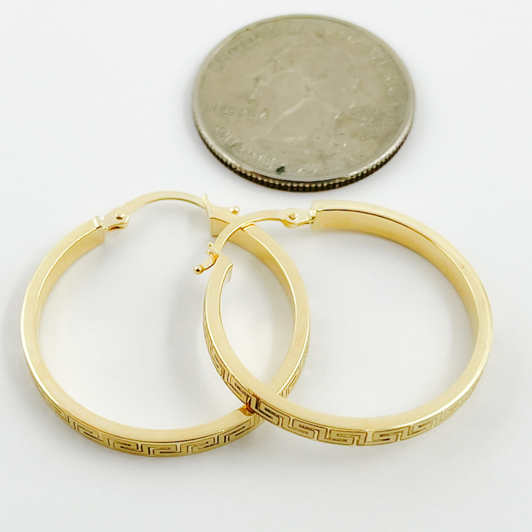 14K Gold Flat Round Hoop Earrings with Texture. GER57