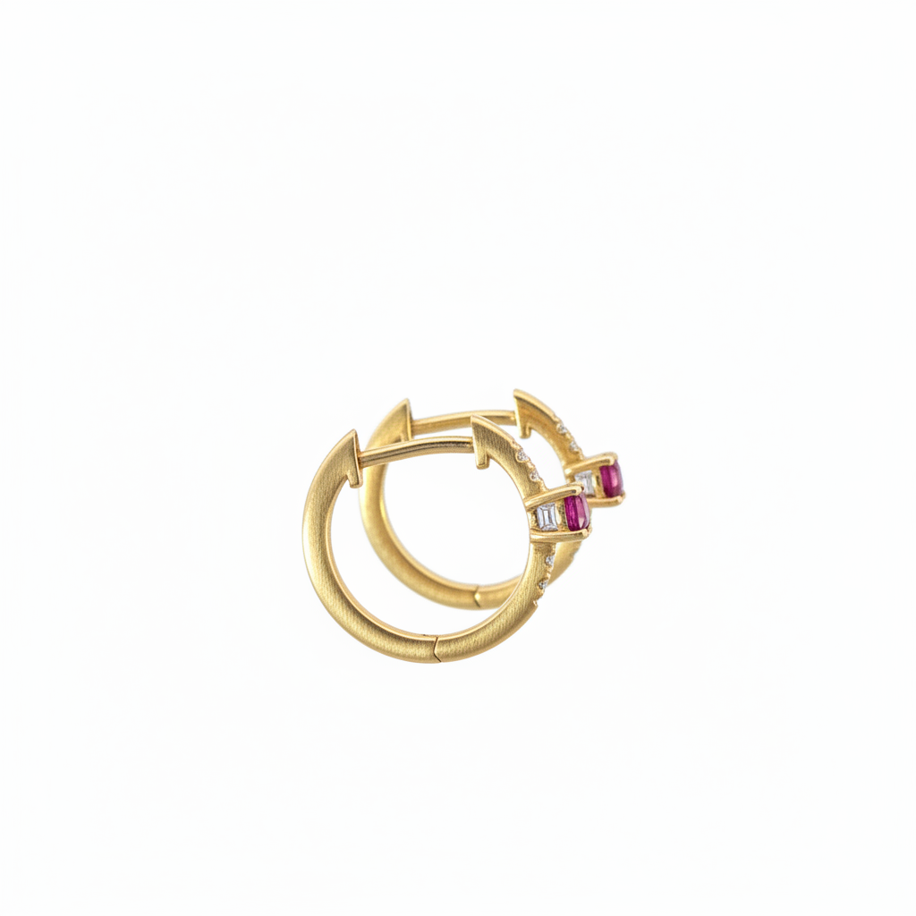 EHA57619RU. 14K Solid Gold Ruby & Diamond & Hoop Earrings