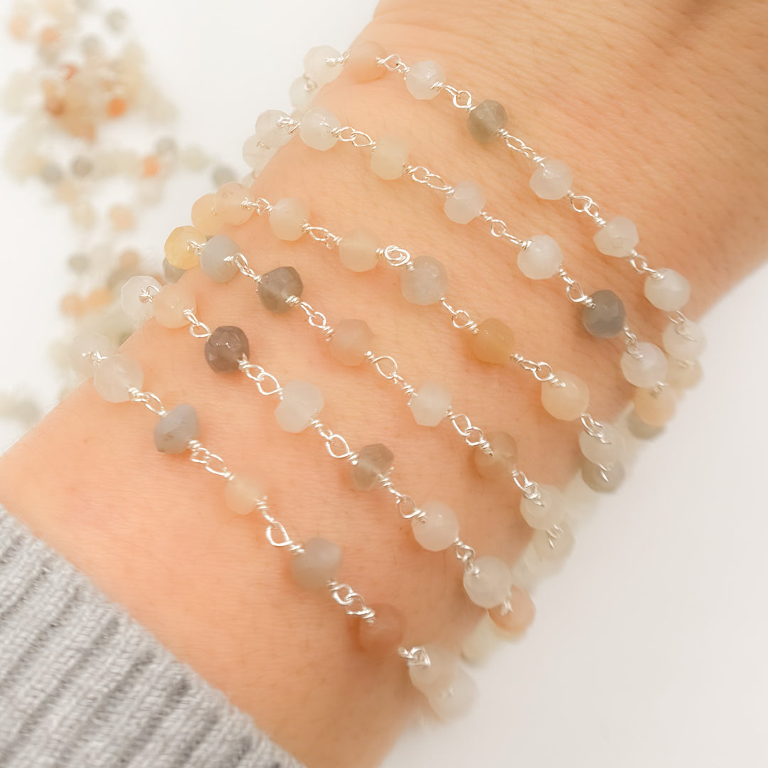 MMS28. Multi Moonstone Sterling Silver Wire Chain