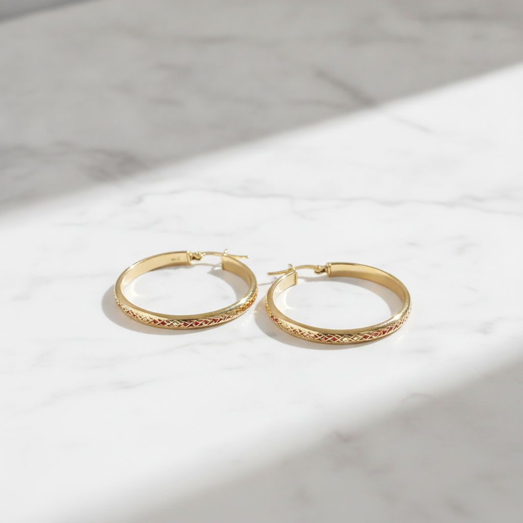 GER160. 14K Solid Gold Hollow Diamond Cut Hollow Hoop Earrings