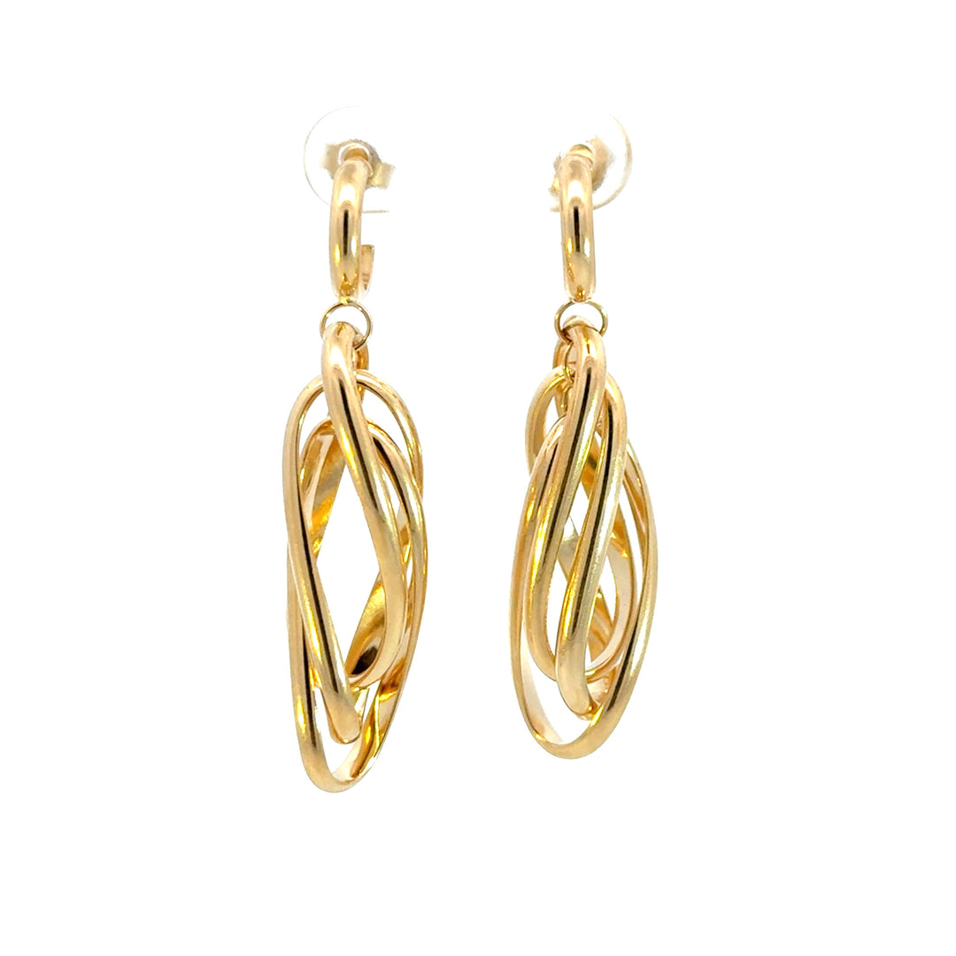 15850023044. 14K Solid Gold Twist Triple Oval Hollow Dangle Earrings