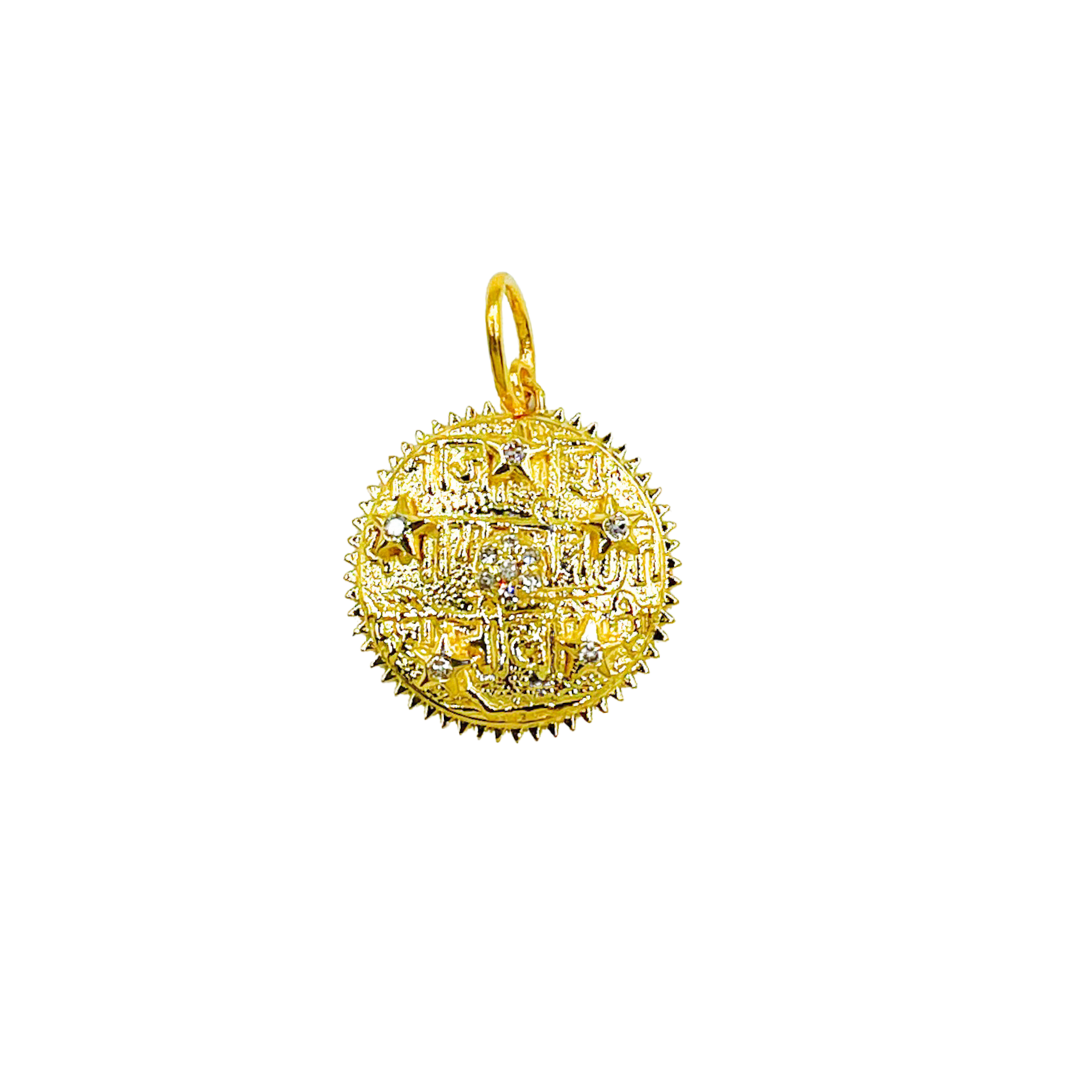 14K Solid Gold Diamond Circle Charm with Stars. KG30