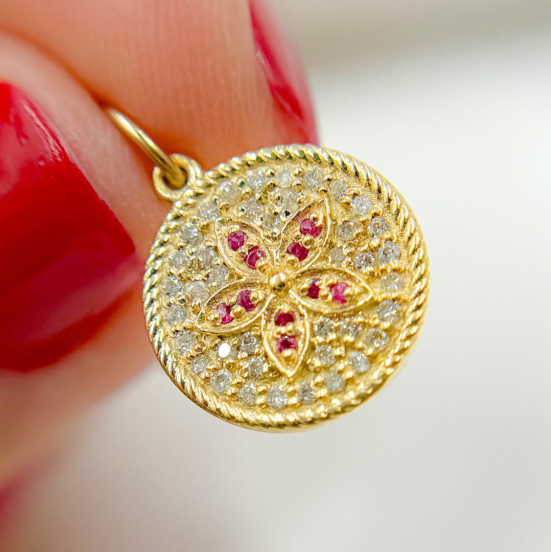 14K Solid Gold Diamond and Gemstone Flower Circle Charm. GDP364