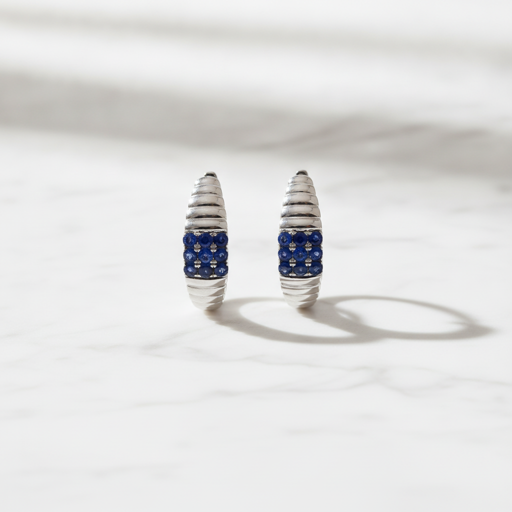 EHZ57171BS. 14K White Solid Gold Diamond & Blue Sapphire Hoop Earrings