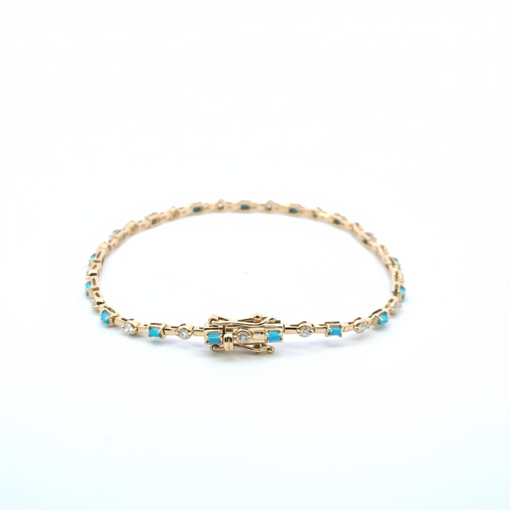 BFH60606TQ. 14K Solid Gold Diamond and Turquoise Fancy Bracelet
