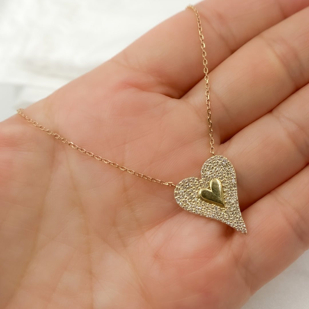 14K Solid Gold Diamond Heart Shape Necklace. TJ0008