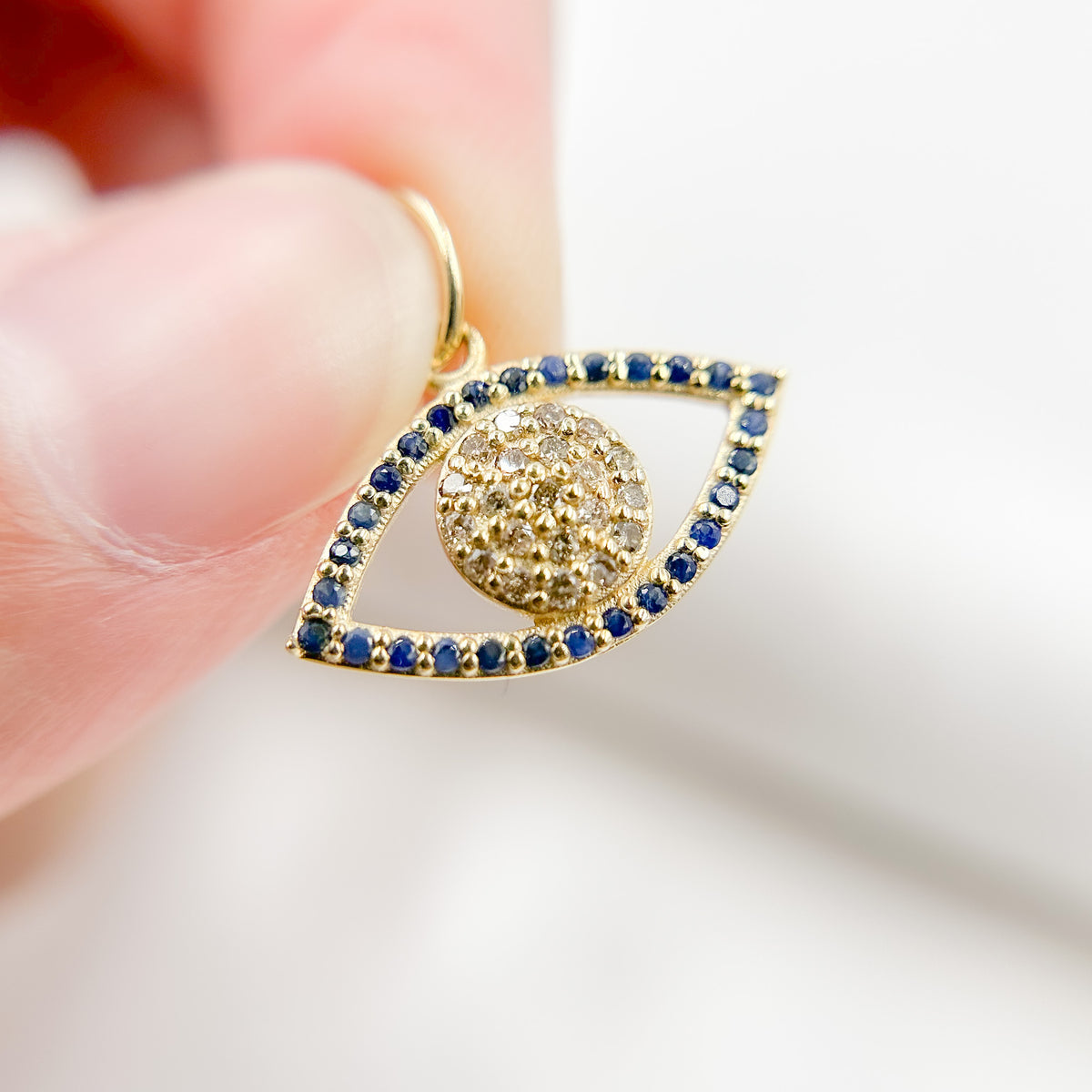 14K Gold Charm Evil Eye Pendant with Diamonds & Gemstone. GDP510