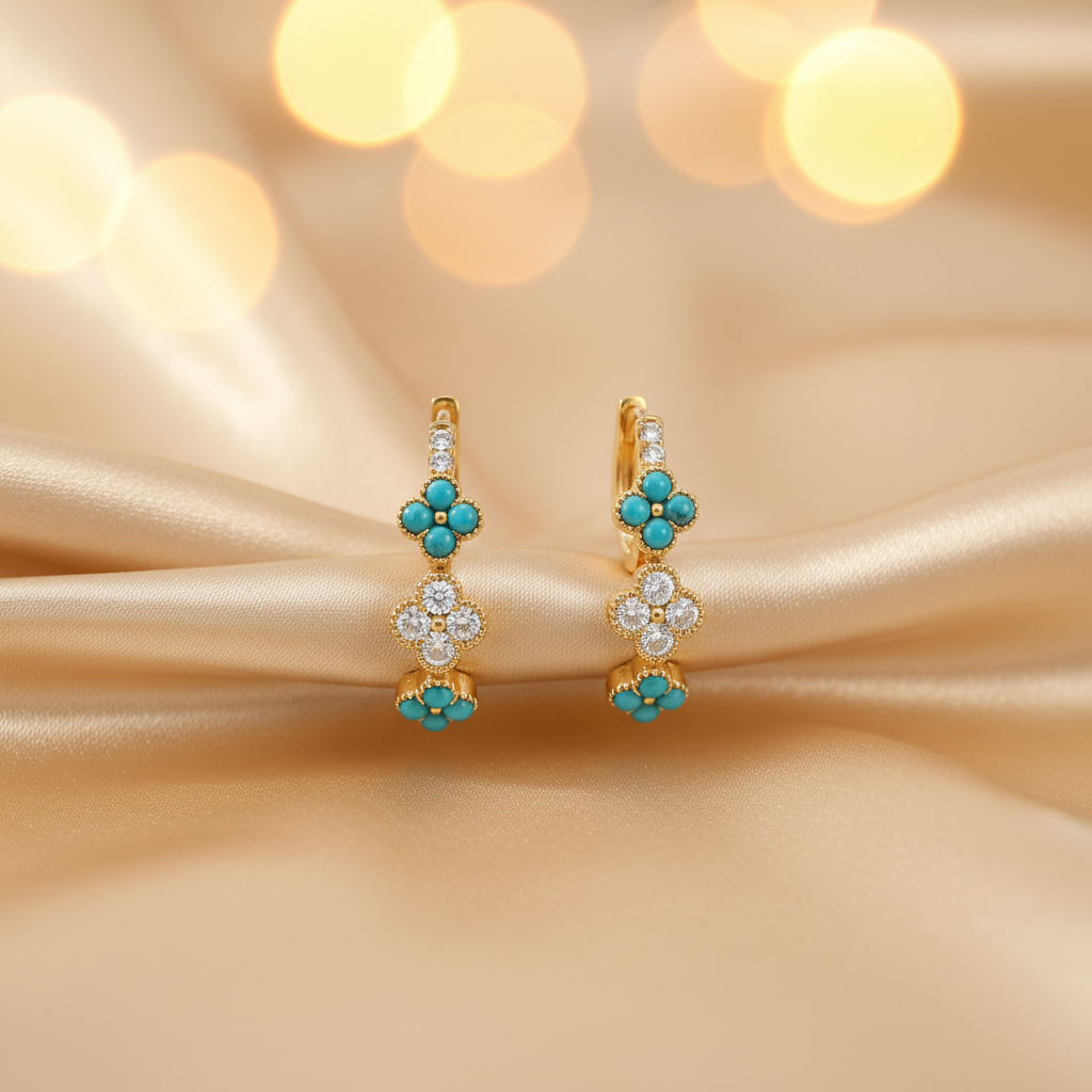 HP402565. 14k Solid Gold Diamond and Turquoise Fancy Flower Hoop Earrings