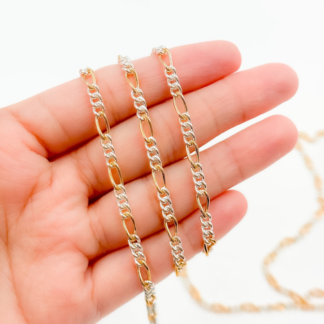XM/3831C. 14K Gold Filled & Sterling Silver Figaro Link Chain – Long Gold, Short Silver Pattern