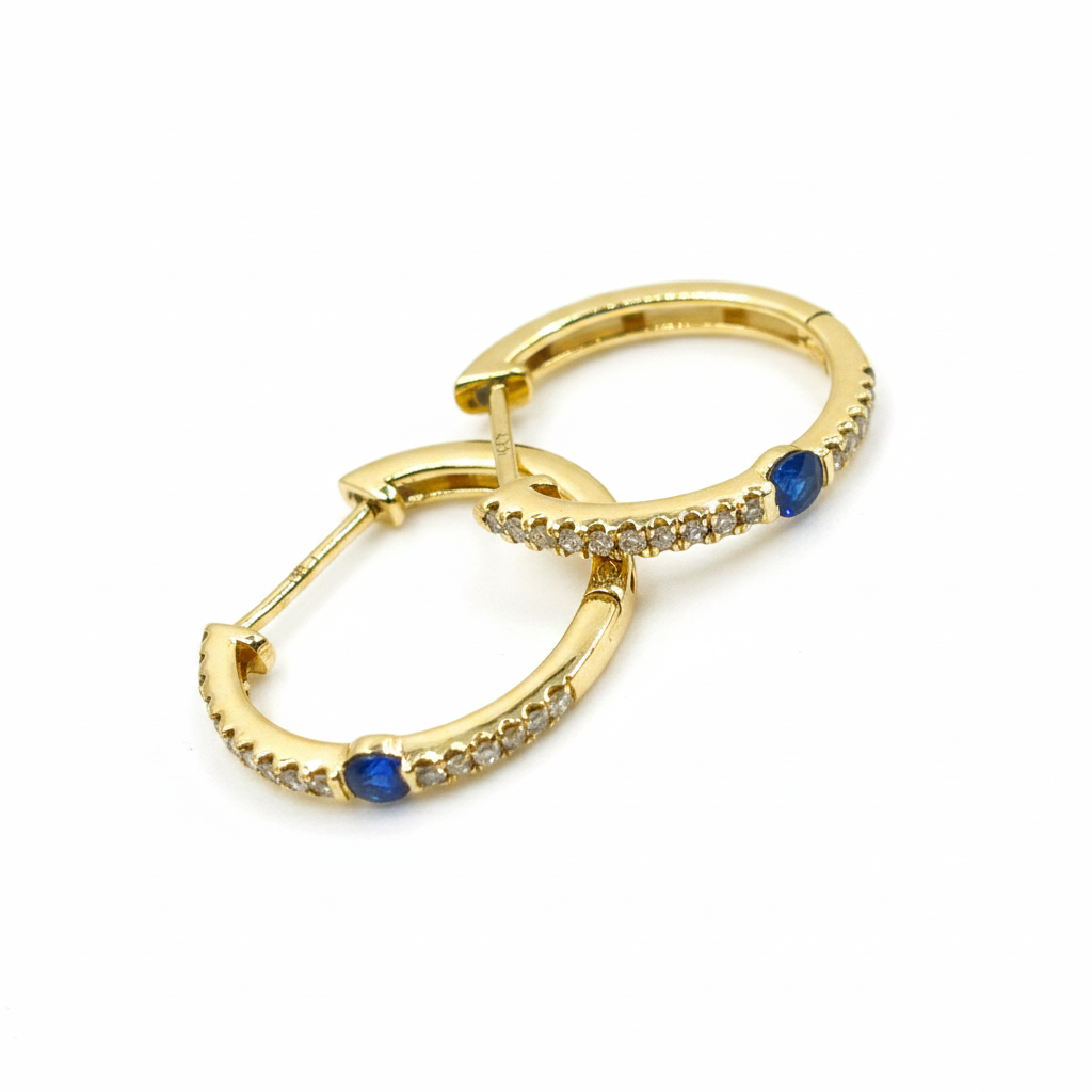 EHC56664. 14K Solid Gold Gemstone & Diamond & Hoop Earrings