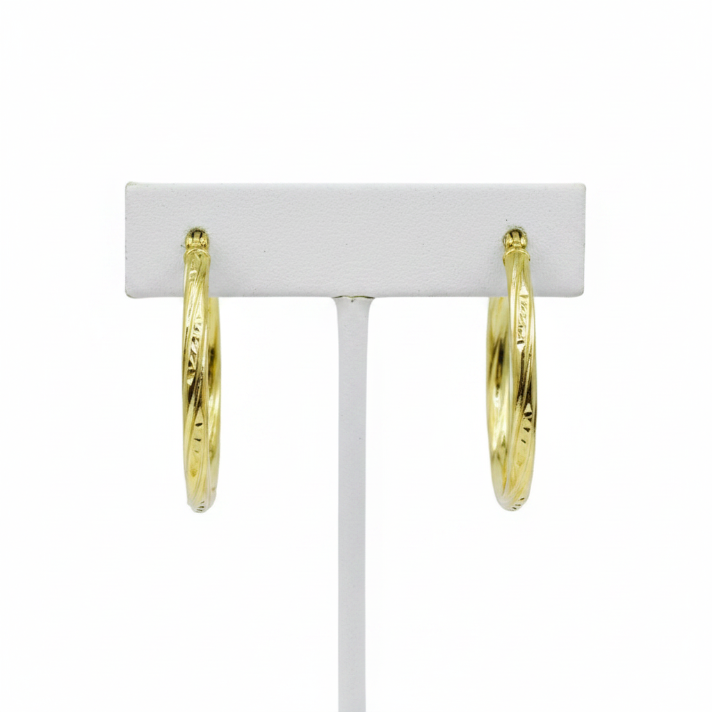 GER60. 14K Solid Gold Engraved Tornado Hollow Hoop Earrings
