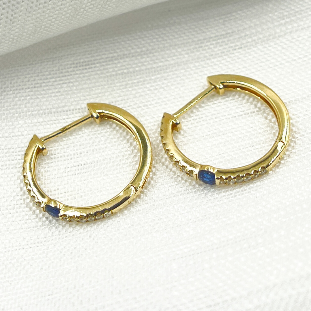 14K Solid Gold Diamond & Blue Sapphire Hoop Earrings. EHC56664BS