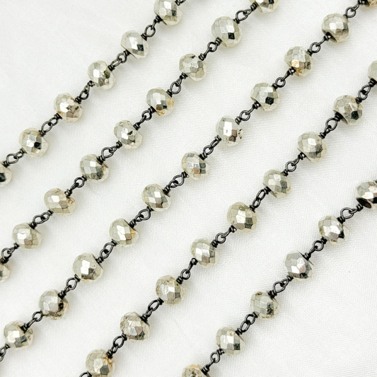 Steel Pyrite Faceted Rondel Oxidized 925 Sterling Silver Wire Chain.