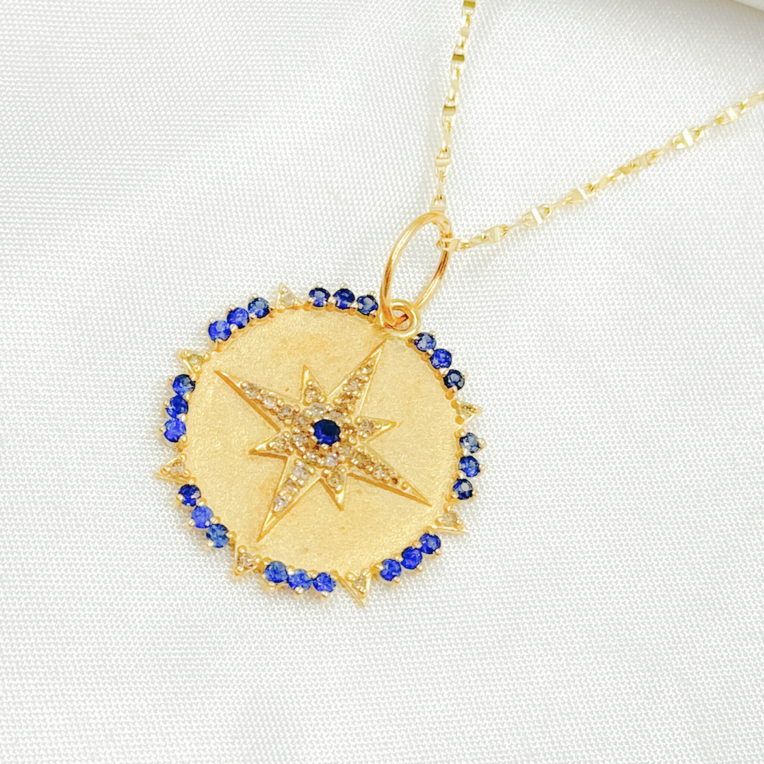 GDP558. 14K Solid Gold Diamond Circle Shape Charm with Star in the Center in Gemstones