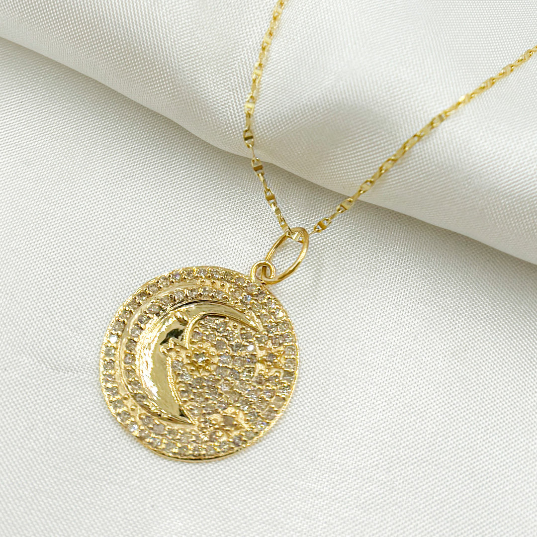 14k Solid Gold Diamond Moon and Star Circle Charm. GDP654