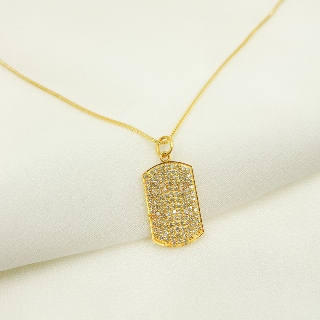 14K Solid Gold Charm. Rectangular Pendant with Diamonds. GDP92