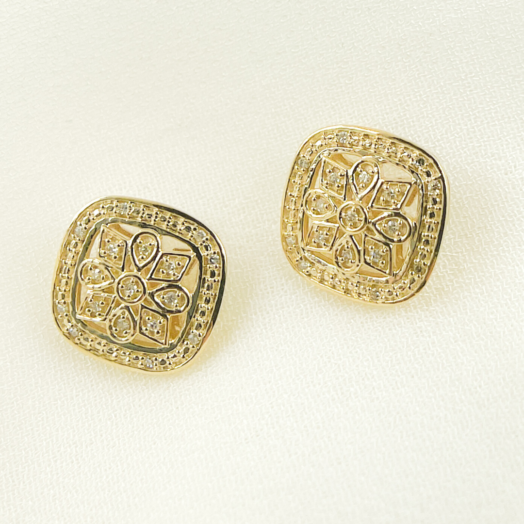 14K Solid Gold and Diamonds Square Flower Earrings. EFB50898