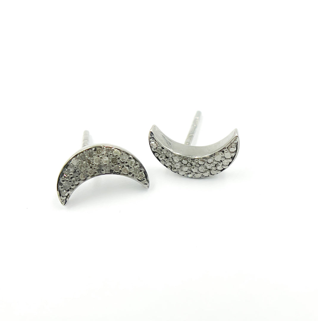 DE049. Pave Diamond Sterling Silver Moon Studs