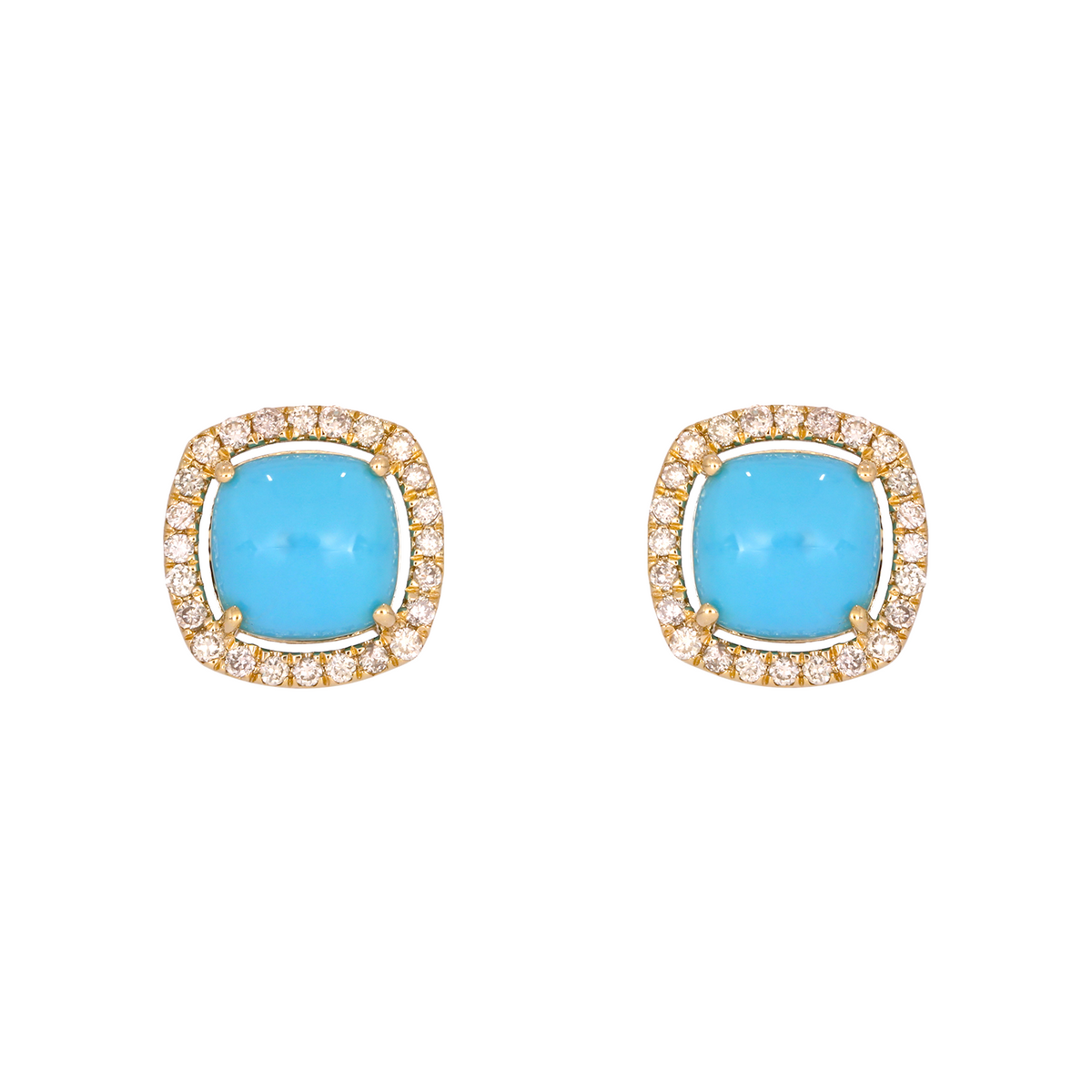 14K Solid Gold Diamonds and Turquoise Square Stud Earrings