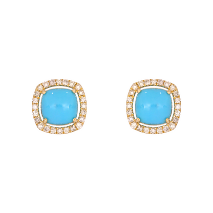 14K Solid Gold Diamonds and Turquoise Square Stud Earrings