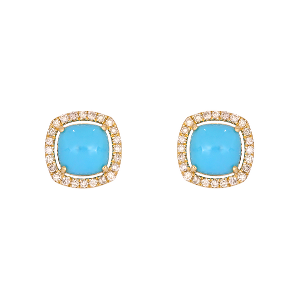 14K Solid Gold Diamonds and Turquoise Square Stud Earrings