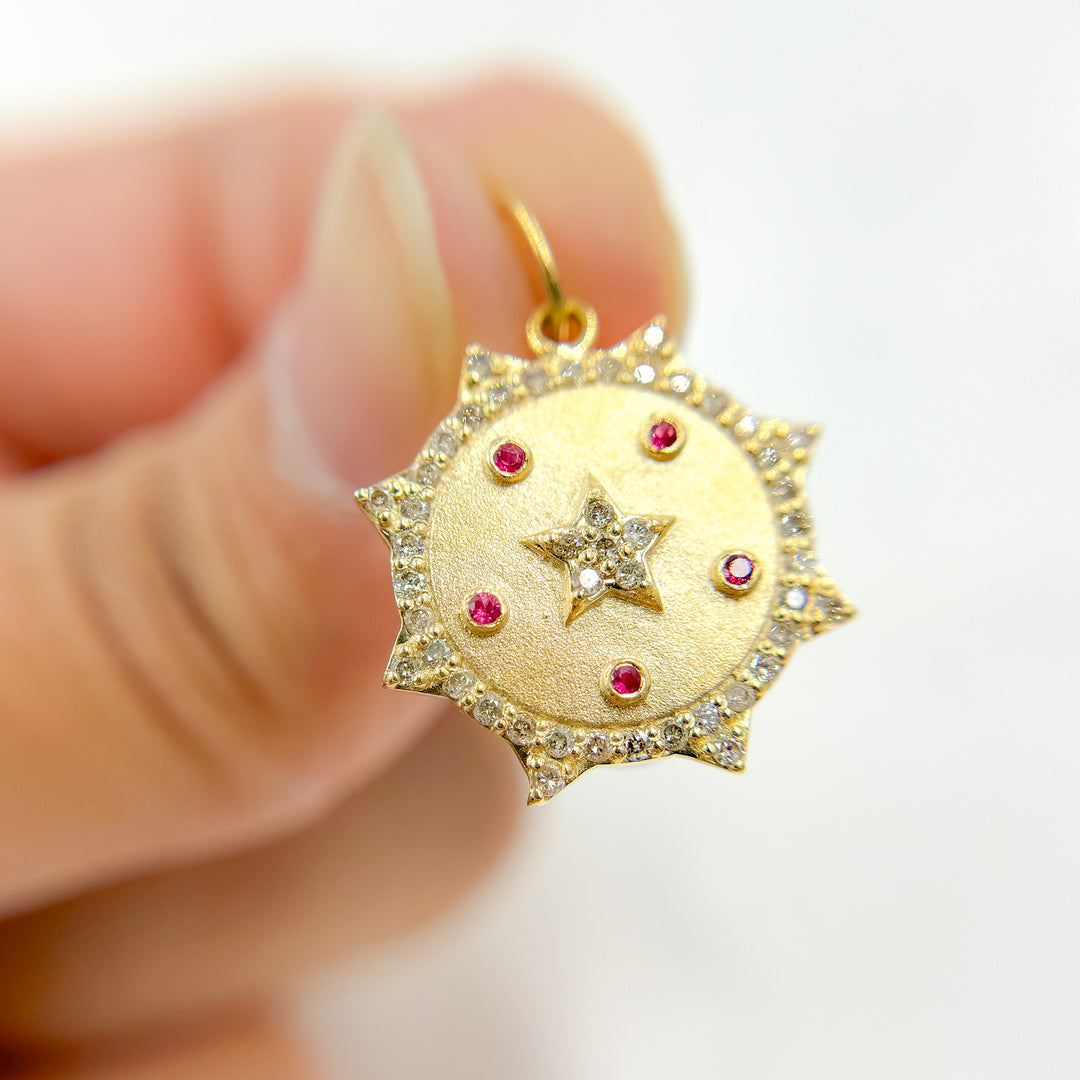 14K Solid Gold Diamond Sun Shape Charm with Star in the Center in Gemstones. GDP547