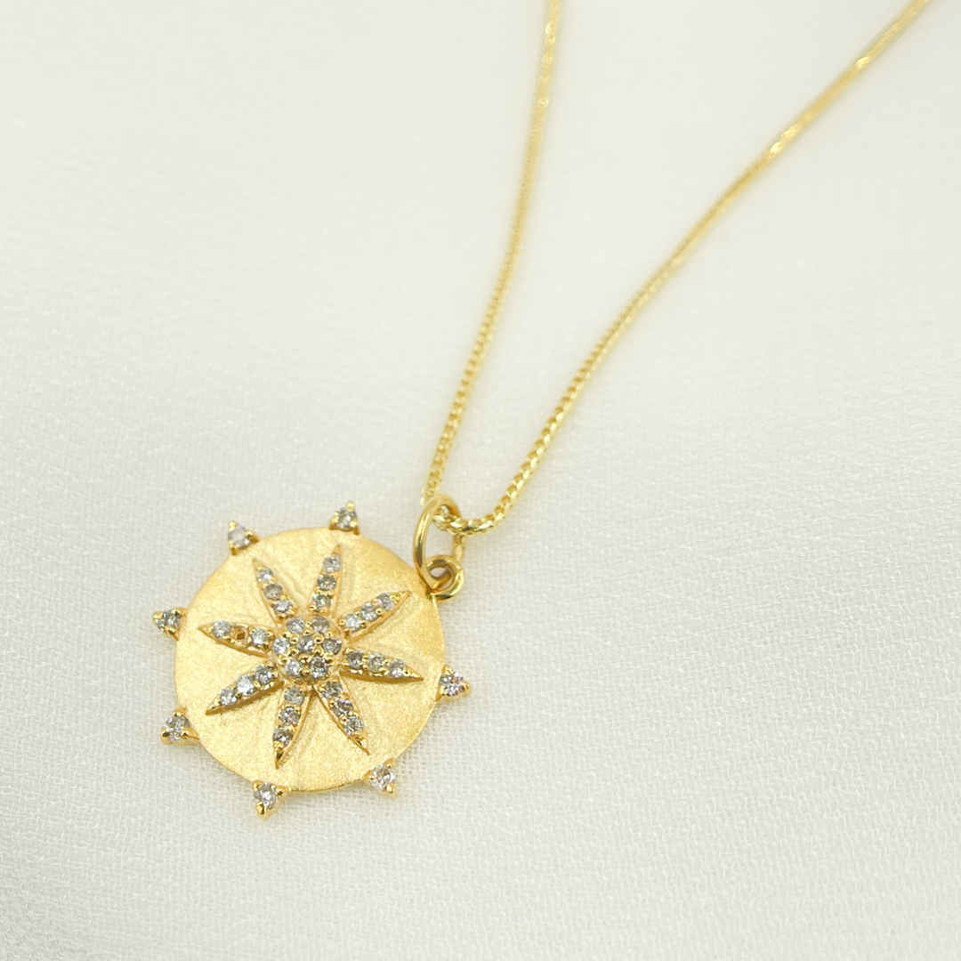 14K Solid Gold Circle Sun Pendant with Diamonds. GDP346