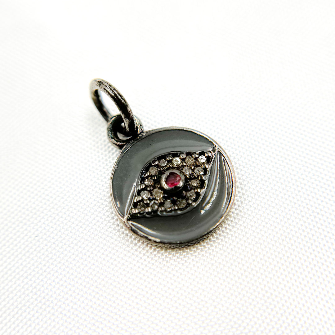 DC228A. Diamond Sterling Silver Round Eye Enamel Charm with Gemstone