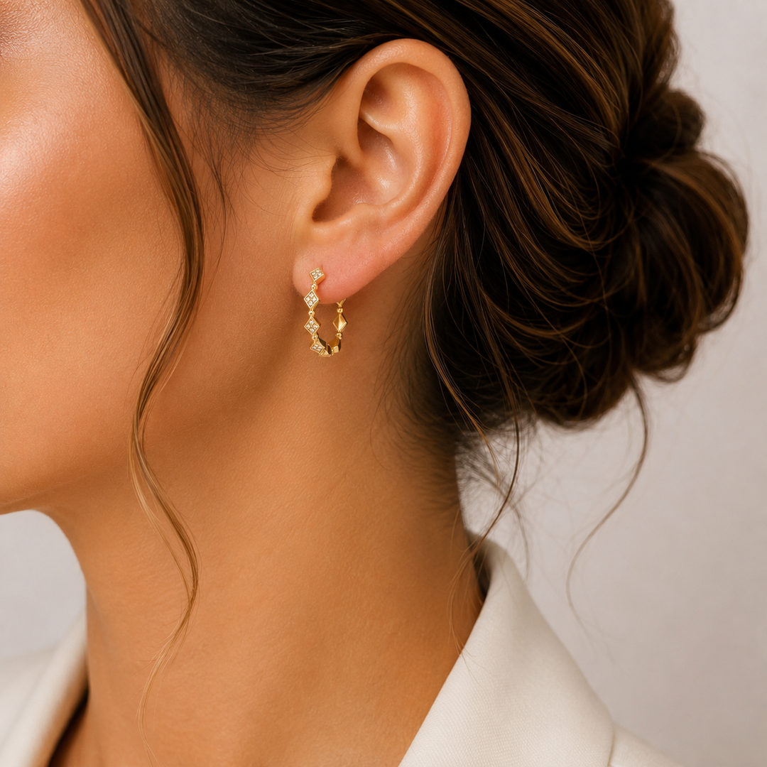 EHA56512. 14K Solid Gold and Diamonds Hoop Earrings