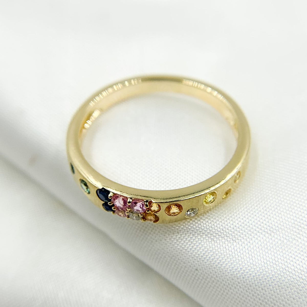 14K Solid Gold Diamond and Multi Sapphire Band Ring.